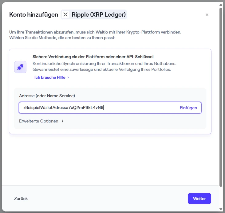 Waltio Feld für die Wallet-Adresse mit einer öffentlichen Beispieladresse aus unserem XRP-Test