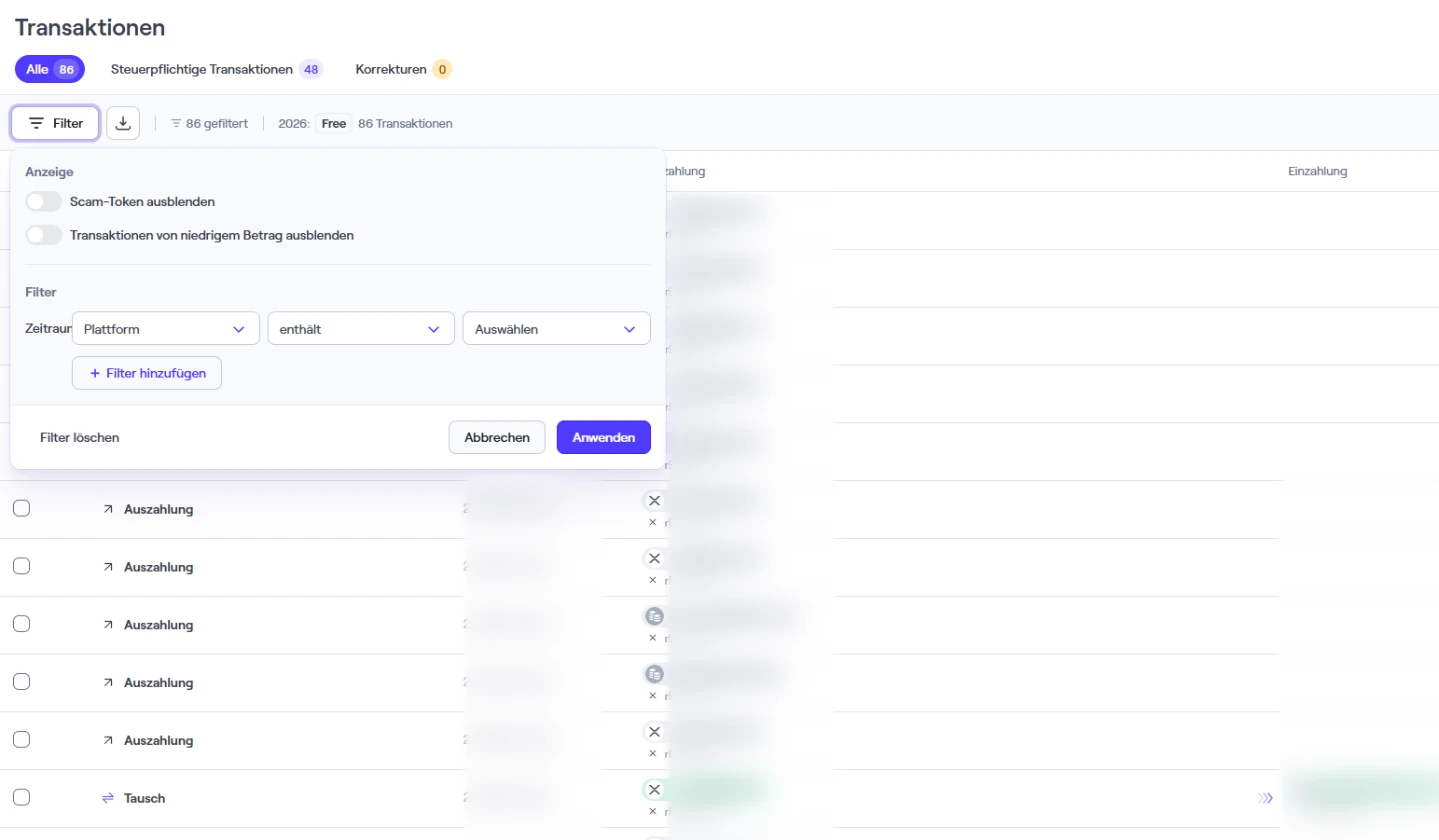 Waltio Filter der Transaktionen mit den Schaltern Scam-Token ausblenden und Transaktionen von niedrigem Betrag ausblenden; Liste unkenntlich