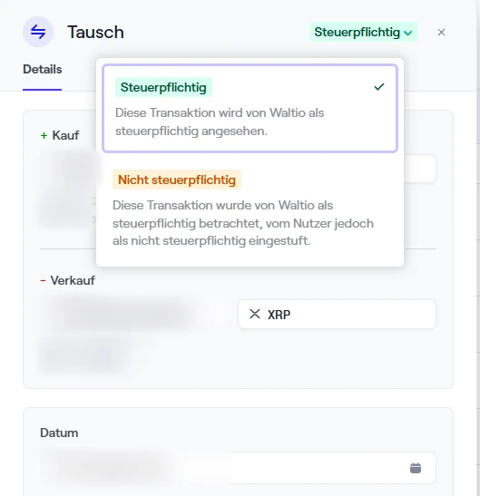 Waltio Auswahl des Steuerstatus Steuerpflichtig oder Nicht steuerpflichtig an einer Transaktion; Mengen und Datum unkenntlich