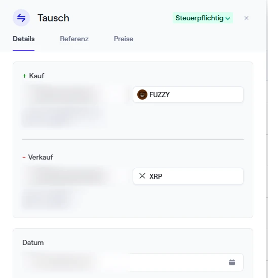 Waltio Seitenleiste einer Transaktion vom Typ Tausch mit Kauf, Verkauf und Werten; Mengen und Datum unkenntlich
