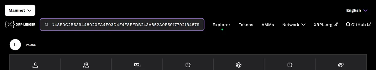 Suchfeld des XRPL-Explorers auf livenet.xrpl.org mit eingefügtem Transaktions-Hash