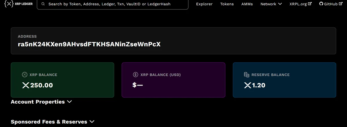 XRPL-Explorer mit einer Beispieladresse, XRP-Guthaben und Reserve Balance in eigenen Kacheln