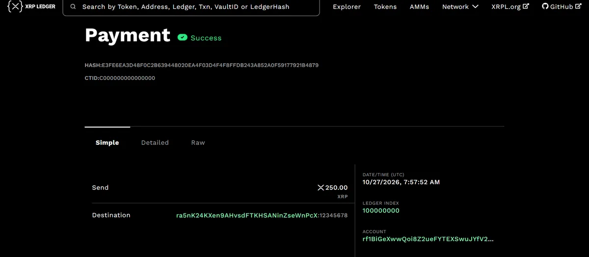 Ausgeführte XRP-Zahlung im Explorer mit Status Success, Betrag und Zieladresse mit Destination Tag