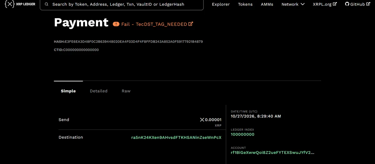 XRPL-Explorer mit abgewiesener Zahlung, Status Fail und Code tecDST_TAG_NEEDED, Zieladresse ohne Tag